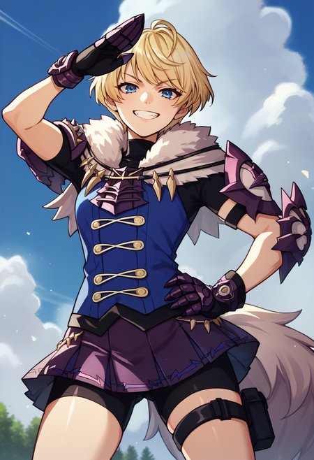 score_9, score_8_up, score_7_up, source_anime, 1girl, cowboy shot, looking at viewer, hand on hip, salute, grin, BREAK <lora:MerrinFE-pdxl:1> defMerrin, short hair, ahoge, blue shirt, fur collar, turtleneck, short sleeves, elbow pads, gauntlets, purple skirt, pleated skirt, bike shorts, wolf tail, black thigh strap, outdoors, sky, cloud