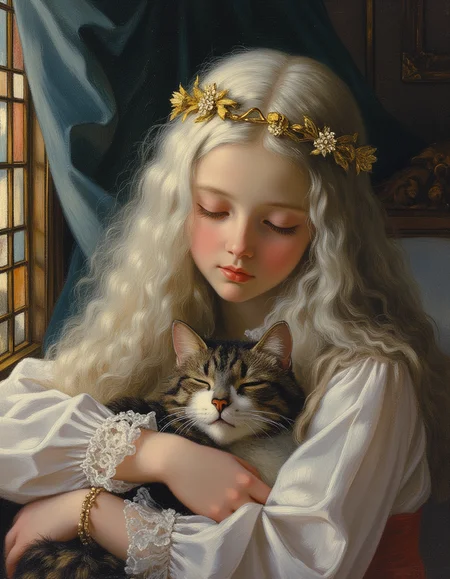 Masterpiece, high quality, Oil Painting, Hyper-realistic, hyper-detailed oil painting, a painting of a young teen majestic princess is peaceful slumbering, curled up with a house cat. She is within a grand palace chamber, where delicate rays of sunlight filter through towering stained glass windows. Her face is delicate, with angular features and luminous, almost ethereal white skin. Her large, almond-shaped eyes are a striking shade of silver-blue, framed by long lashes. Her body is skinny and petite. She has a gold crown and her long white hair flows around her. She is curled up with a calico house cat. focus on the girl, The painting shows shadow and light, Masterpiece, intricate lines, skinny and petite body, intriguing atmosphere, sharp magnificent details, delicate features, elaborate details, (2/3 rule composition:0.5), ultra detailed, romantic, Rembrandt lighting, brush stroke, lovely, del1cate_balance style, FS, novuschroma, in the style of Rembrandt. vantablack <lora:style_of_Rembrandt_FLUX_135:.8> <lora:- Flux1 - vanta_black_V2.0:.3> <lora:Delicate_Balance:.3> <lora:neeeg_f1:-1> <lora:113_novuschromaFLX_1:.4> <lora:FS_v2:.4>