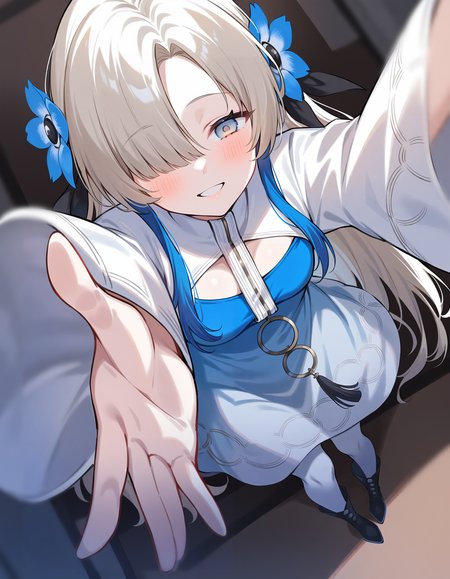1girl, isekaijoucho, isekai joucho,
blue hair flower, gray wavy long hair, hair over one eye, multicolored hair, white blue two-tone dress, blue white gradient dress, puffy long sleeves, white pantyhose, high heel boots,
reaching, reaching towards viewer, outstretched arms, close-up, portrait, pov, foreshortening, yandere, (empty eyes), blush, yandere trance, seductive smile, looking down,
masterpiece, best quality, very aesthetic, safe,
<lora:neg4all_bdsqlsz_xl_V91:1>,   <lora:Isekaijoucho_anmgn31_D-B:0.6>
