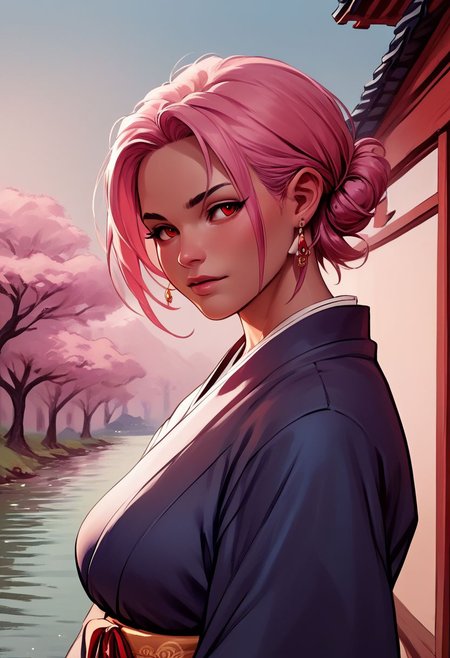 Larocca Art Style, solo, short hair, red eyes, 1girl, jewelry, upper body, voluptuous, bbw, sexy, pink hair, earrings, japanese clothes, kimono, portrait, outdoors, PonyXLV6_Scores , PnyCmicXLPOS,