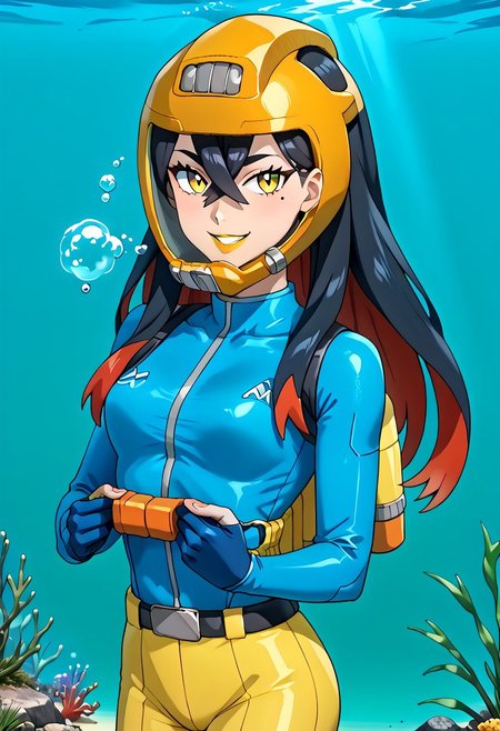 PokemonStyle, pokemon \(anime\), full body,solo female, score_9, score_8, score_7, score_6_up, source_anime, anime coloring, anime screencap, official art,
BREAK full body, 1girl, black hair, colored inner hair, crossed bangs, hair between eyes, hairband, long hair under helmet, mole, mole under eye, multicolored hair, red hair, sidelocks, two-tone hair, yellow eyes, low lipstick only, floating hair, (blue wetsuit), long sleeves, bare legs, beautiful legs, barefoot,
BREAK
(pokemoncarmine wearing (tight fitting, head-sized(yellow diving helmet))), (helmet overlapping chin, helmet overlapping cheeks, helmet overlapping jawline, helmet overlapping ears), shiny glass visor:0.5, 
BREAK underwater, seafloor, rocks, sea-green background:0.25, sea-green overlay:0.55, seaweed, neck 
BREAK blue background:0.25, bubbles, BREAK mask snugly on face, regulator, breathing tube, orange oxygen tank strapped to back, harness tightly on chest, belt, swimmingai, floating, bubbles, looking at viewer, diving, smug, clenched teeth, flustered, vents on helmet,