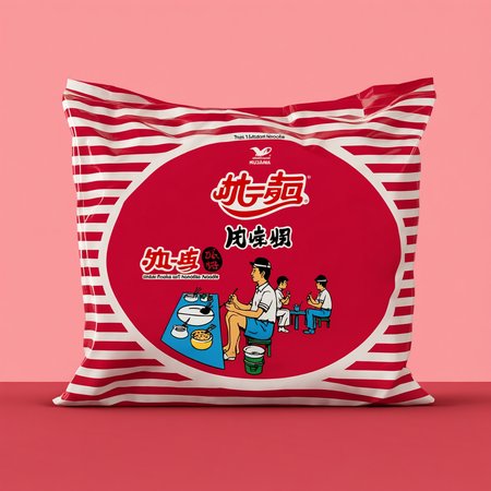 rozamanbag,text,A bag of instant noodles placed on a red table. The packaging of the noodles is clearly visible, showcasing the brand and flavor. The red table provides a striking contrast, emphasizing the subject. The scene should be as realistic as a high-resolution photograph, with natural and even lighting that highlights the details of the bag and the texture of the table, <lora:rozaman2:0.7>