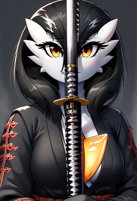 (((gardevoir))), female, anthro, masterpiece, ultimate detailed, tiny finnest details,
rilex lenov artstyle, Fierce japanese gardevoir warrior is holding a reflective shiny (katana:1.3) in front of  her face, (an ancient mythical Japanese demon is reflected in the katana blade:1.6), fantasy, swordup, looking at viewer, close-up, SwordDisplay