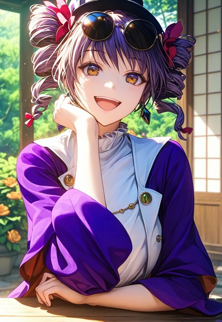 1girl, solo, yorigami jo'on, (drill hair:1.5), (eyewear on head:1.3), (jewelry:1.3), (white dress:1.4), (purple jacket:1.5), (facing camera:1.3), (slightly open mouth:1.3), (shoulders slightly hunched:1.2), natural pose, (bright morning light:1.6), (light entering from left:1.5), (Japanese-style temple:1.5), (sliding doors:1.4), (vibrant flower garden:1.2), (blurred temples in background:0.8), (character's left shoulder closer:1.3), (thick paint style:1.4), (jewelry:1.3), (white dress:1.4), (purple jacket:1.5), (facing camera:1.3), (shy smile:1.4), (slightly open mouth:1.3), (head tilted clockwise:1.3), (shoulders slightly hunched:1.2), natural pose, (bright morning light:1.6), (light entering from left:1.5), (sliding doors:1.4), (vibrant flower garden:1.2), (blurred temples in background:0.8), (arms resting on table:1.4), (thick paint style:1.4), (head slightly tilted:1.3), (eyebrows furrowed deeply:1.6), (mouth slightly open with smile:1.5), (looking at the camera:1.5), (playful yet uncomfortable expression:1.1), (slight shoulder shrug:1.3), body leaning slightly forward, soft sunlight shining in from the left, temple room with sliding doors half-open,  colorful flowers outside, other distant Japanese buildings blurred, morning light, bright, warm lighting, anime style highly detailed shadows, warm atmosphere, anime art style, sunlight on face, soft glow. <lora:char-joon:1>