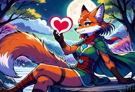 sfxm, anthro, female furry, fox, fox tail, fox ears, body fur, fluffy, paws, moon, trees, sitting, tunic, cape, scarf, heart-shaped pendant, leg wrap, bandages