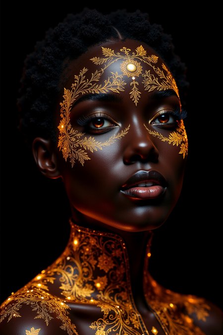 <lora:DGLO_style_v.81:0.6> DGLO style.  A portrait of a woman, her skin adorned with glowing, intricate and fine patterns. Black background.