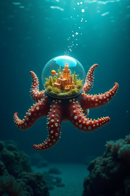 national geographic photography of a swarm of luminescence starfish that is swimming in the dark ocean, he transport a glass terrarium with a miniture city in his head, realistic, mechanical vegetal cyborg, futuristic robot organisms, steampunk robot starfish, steampunk animal