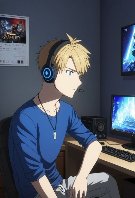 high resolution, professional photography, best quality, 1Boy, Yamato Ishida, blond hair, deep blue eyes, necklace, gamer, bedroom, night, pc, sit, headset, potrait, OverallDetail