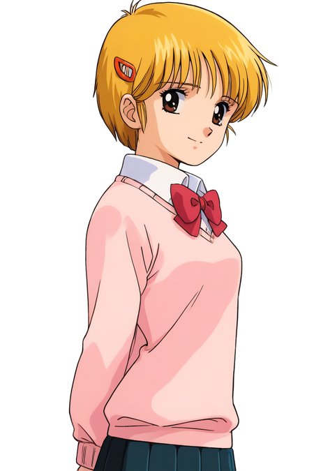 score_9, score_8_up, score_7_up, score_6_up, score_5_up, score_4_up, source_anime, rating_safe, masterpiece, <lora:Katsuragi_Yako:1>, yako1, 1girl, blonde hair, brown eyes, short hair, hair ornament, hairclip, solo, small breasts, sweater, school uniform, skirt, standing, smile, closed mouth, simple background, white background, arms behind back, from side,   <lora:1980s_Eastern_Style:1>, EnD_1980s_Style, 1980s (style), retro artstyle,