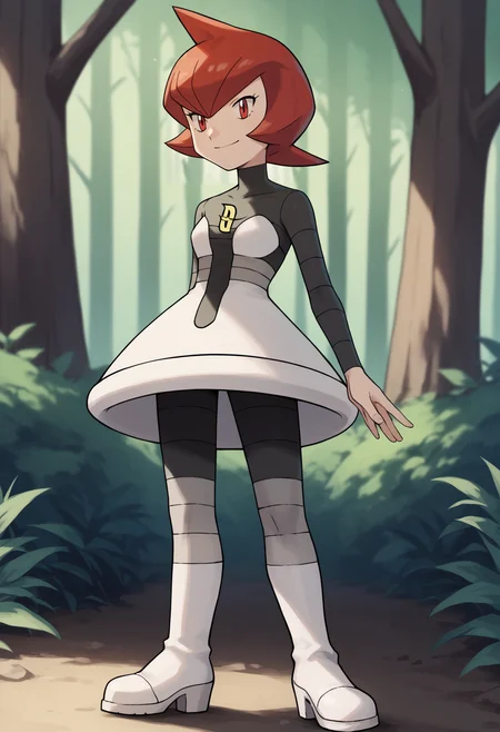 score_9, score_8_up, score_7_up, BREAK
1girl, mars \(pokemon\), bangs, red eyes, red hair, short hair, 
boots, grey dress, pantyhose, round skirt, team galatic uniform,
standing, solo, smile, looking at viewer, forest background   <lora:MarsPDXL_byKonan:1>