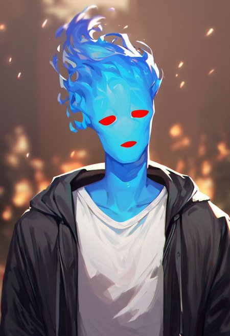 (((beautiful, high quality))), upper Body, score_9, score_8_up, score_7_up, 
FireHuman, blue fire, empty eyes, 1male, blue skin, red eyes, black jacket, grey T-shirt,
looking at the viewer, posing, blurred background,
