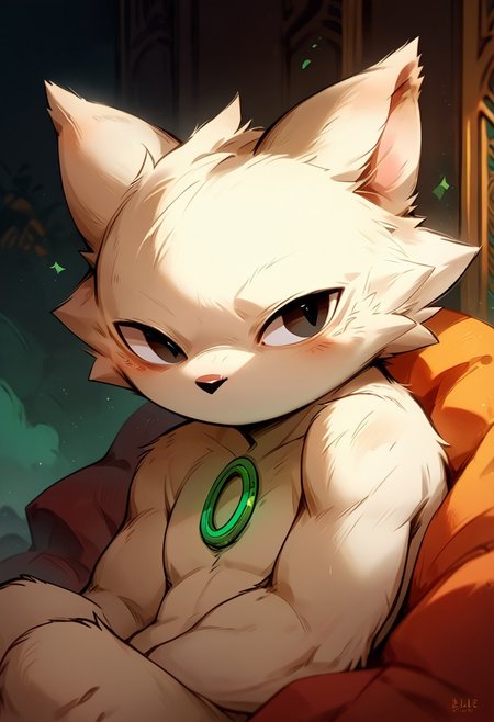 score_9, score_8_up, score_7_up, yi, white fur, green ring on chest, animal ears, furry, furry male, black eyes, body fur, no mouths, reclining, looking away, distracted, cute, fantasy, eye catching