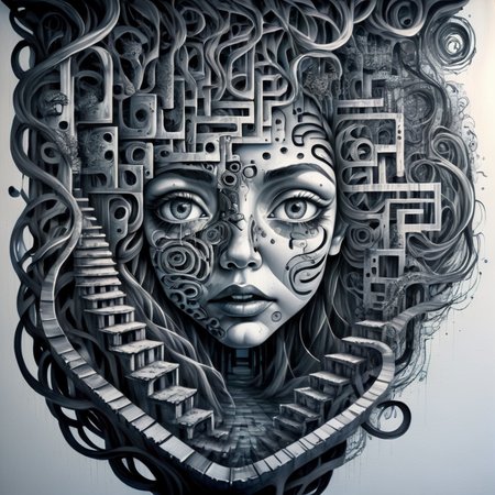 corcoc5s  face cyborg girl made of puzzles and mazes, optical illusions, bridges, depth and stairs, black ink, very detailed<lora:corcoc5s:1>