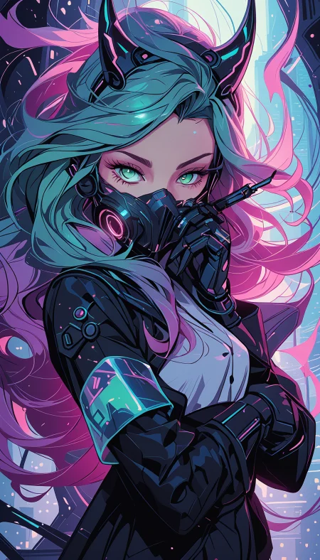 masterpiece, Shinkaistyle,
pinkretroanime, retro art,
Cyberpunk Style, cyberpunk, science fiction, hi tech, future tech, neon, (Cybernetics:1.25), (Neon Cityscape:1.4), (lineless:1.5), smooth edges, (lighten the face:1.5), tall body, slender body, fit body, long legs, The image portrays a digital artwork of an anime-style character standing against a background that suggests a futuristic or cyberpunk setting. The character is a young female with striking features: she has long, flowing teal hair that cascades down her back, with several strands catching the light due to their glossy texture and reflective properties. Her eyes are a deep green color, almost like emeralds, with intricate designs around them, hinting at a cybernetic or magical augmentation. She's wearing a black and white outfit that could be interpreted as armor, complete with gauntlets on her hands and boots on her feet, which further support the idea of her being a warrior or adventurer. The character is striking a pose with one hand resting against her hip, while her other hand is casually tucked into her waist pocket. Her eyes are looking directly at the viewer, creating an engaging connection between the viewer and the character. The background features what appears to be a holographic or digital landscape, characterized by swirling patterns and shapes that give off a sense of movement and energy. The lighting in the image is such that it creates soft shadows on the character's face and the environment around her, indicating that there is likely a large light source coming from the left side of the frame. The overall atmosphere is one of cybernetic beauty and futuristic fantasy, with a strong emphasis on technology and advanced aesthetics. There are no visible texts or distinctive brands in the image., 1girl, solo, long hair, breasts, looking at viewer, bangs, simple background, shirt, gloves, long sleeves, holding, animal ears, medium breasts, very long hair, green eyes, jacket, white shirt, upper body, small breasts, green hair, open clothes, horns, black gloves, hand up, dark skin, aqua eyes, open jacket, dark-skinned female, coat, black jacket, gradient, gradient background, eyelashes, aqua hair, mask, floating hair, fake animal ears, glowing, headgear, headphones, slit pupils, armband, glowing eyes, forehead, black coat, mouth mask, covered mouth, fake horns, neon trim, gas mask, cyberpunk, respirator