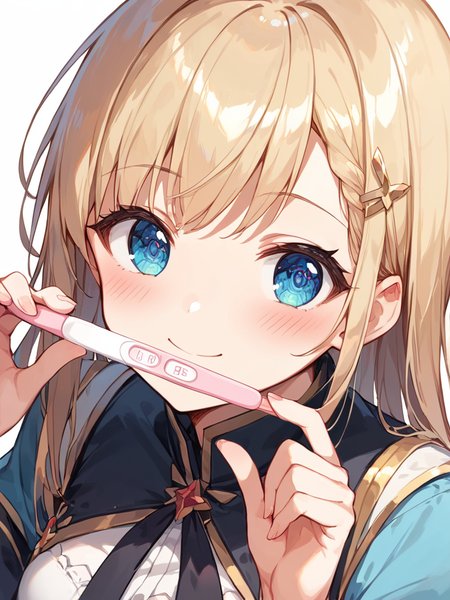 score_9, score_8_up, score_7_up,source_anime, high res image,masterpiece,best quality,girl,cute face,clear skin,shiny hair,ultra detailed eyes,simple background, <lora:Pregnancy test_pony_V1.0:0.8> pregnancy test, holding,smile, blush