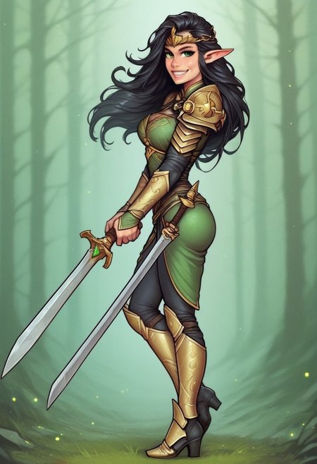 1girl, (((side view))), from front, 1girl, illustration, comic style, highly detailed, skinny, model body, looking at viewer, 1girl, masterpiece, best quality, naestra, solo, pointy ears, black hair, long hair, elf, 1girl,  green eyes, half face mask, <lora:Naestra:1.3>, (((dynamic pose)))
BREAK
(((Warhammer Fantasy Battle style)))
((Elven gold Lamellar armor)), green clothes, ((((elven sword in hand)))), dynamic pose, ready to fight
BREAK
slight smile, looking at viewer
long hair, black hair, big hair, green eyes
best quality, depth of field, bokeh, (((full clothed))), dynamic pose
BREAK 
(wild forest:1.2) score_9, score_8_up, score_7_up, score_6_up, source_cartoon, rating_explicit, Expressiveh, ((((full body))))), dynamic pose, dynamic pose