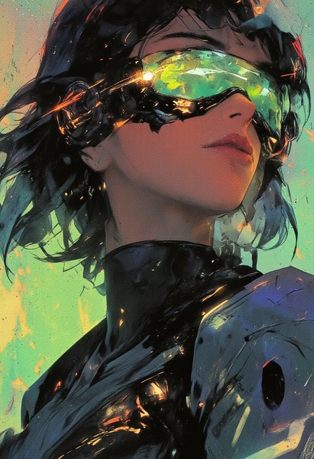 A hyper-realistic close-up portrait of a young woman with shoulder-length black hair styled in edgy, futuristic layers, adorned with glowing tips. She wears mecha eyewear with a neon green visor that transitions into iridescent shades of teal and gold. The frame is sleek, with angular edges and fine mechanical detailing. Her expression is fierce and confident, with flawless skin highlighted by the neon reflections. She wears a high-tech bodysuit with integrated LED lines and metallic panels. The background depicts a hazy rendition of The Great Wave off Kanagawa by Hokusai, its powerful waves blending seamlessly with the neon tones, amplifying her intense, defiant aura.