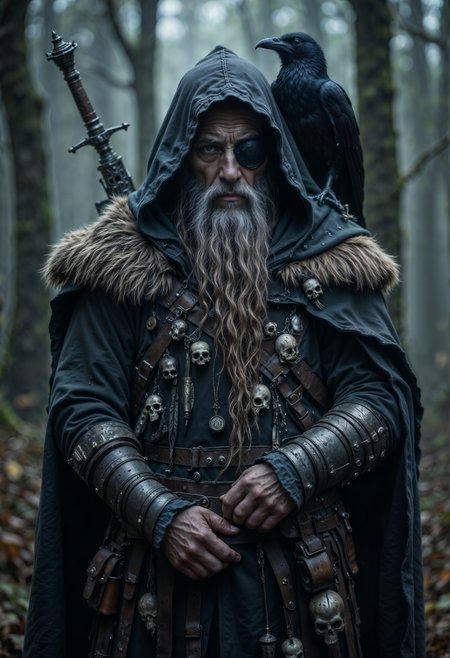 a dramatic, fantasy-style portrait featuring a rugged, older man with a long, braided gray beard and weathered skin. He wears a dark, hooded cloak adorned with fur and various trinkets, including skulls and feathers. His left eye is covered with a black patch, adding to his mysterious and formidable appearance. A black raven perches on his shoulder, enhancing the mystical atmosphere. The background is blurred, suggesting a misty, forested setting. The man's attire is detailed with leather straps and metal embellishments, and he holds a large, ornate sword. The overall color palette is dark and muted, with shades of black, gray, and brown dominating the scene. <lora:FluxMythR3alisticF:1>