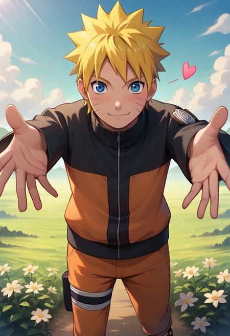 score_9, score_8_up, score_7_up, source_anime, cute, kawaii, detailed, novel illustration, wallpaper, beautiful details, 1boy, cute anime boy, kawaii anime boy, naruto uzumaki, male focus, blonde hair, short hair, spiked hair, whisker markings, blue eyes, jacket, orange pants, sandals toeless footwear, full body, flower field, outstretched arms, blush, closed mouth, cute smile, hearts, looking at viewer