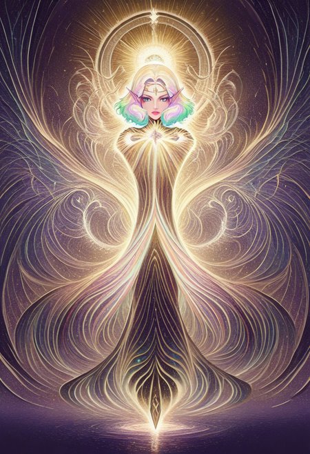 masterpiece, best quality, amazing quality, very aesthetic, absurd res, intricate details, 4k, semi realistic, cartoon, fantasy, energy around, aura, dynamic pose, fighting stance, beautiful woman, multicolored hair, rainbow colors, divine, score_9, score_8_up, ral-czmcrnbw, <lora:AMarvelRivals_style:1>, marvelrivals. Solara is a radiant and ethereal warrior with voluminous, fluffy hair that cascades in wild waves, blending seamlessly into a vibrant mix of colors—fiery orange, golden yellow, deep magenta, and streaks of electric blue, violet, and emerald green. Her hair seems to glow faintly, shifting hues depending on the light around her, embodying the full spectrum of the rainbow.
Her skin has a soft, warm yellow hue. Bright white markings swirl across her forehead, cheeks, and the bridge of her nose, forming intricate, almost celestial patterns that glow subtly when she calls upon her power. Her ears are long and pointed, resembling those of an elf, adding to her otherworldly presence.
Her lips are a strikingly bright color—either a bold fuchsia or a radiant gold—standing out against her sun-kissed skin. Her piercing blue eyes shimmer with inner brilliance, reflecting the vast spectrum of light she wields.
She wears sleek, form-fitting black armor with golden accents, exuding both elegance and strength. A flowing black cape billows behind her, its edges constantly shifting in prismatic hues, mirroring her light-wielding abilities.
Solara commands the full power of the rainbow. She is capable of creating dazzling constructs, weaving beams of multicolored energy, and bathing battlefields in mesmerizing, shifting light. Her very presence seems to bring warmth and illumination, as though she carries a piece of the sun wherever she walks.