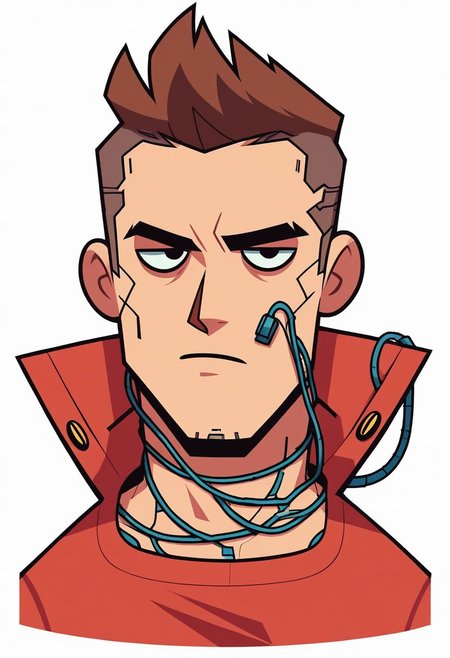 2zdxxps, 1boy, male focus, solo,  brown hair, shirt, closed mouth, red shirt, full body, on back, laying, futuristic cartoon, wires, cyberpunk, denim pants, upper body, dazed, simple background, white background, cutoff,, 2 dimensional, flat color, cel shading, source_cartoon, vector art, score_9, score_8_up,