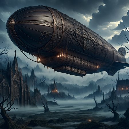 masterpiece,high resolution,detailed,
gothicstyle, no humans, scenery, cloud, fog, sky, tree, outdoors, fantasy, cloudy sky,   bare trees,zeppelin
, <lora:Ghotic_haunted_world:0.8>