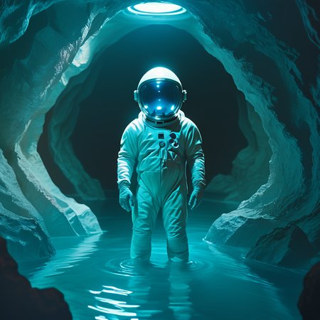 Score_9, score_8_up, score_7_up, score_6_up, BREAK  <lora:70sSci-FiMoviePony:1>  ArsMovieStill, movie still from a 1970s technicolor Sci-Fi movie, The image shows an astronaut standing inside a cave. The astronaut is wearing a full-body suit with a helmet and gloves. The cave is dark and rocky with a light at the end of the tunnel. The water is a deep blue-green color and appears to be reflecting the light from the ceiling. The overall mood of the image is mysterious and awe-inspiring., spacesuit, astronaut, solo, water, space helmet, wading, 1other, standing, ambiguous gender, helmet