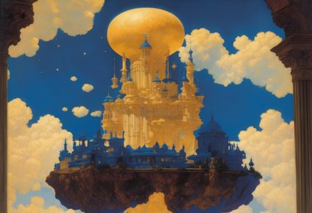 award winning painting of a floating castle in the air, epic composition, detailed, parts made of deep blue crystal,  intricate, Maxfield Parrish Style page