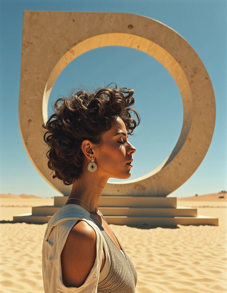 surreal abstract dream of British model with curly dark hair and full lips at Geometric sculpture in desert landscape, harsh midday sun eliminating almost all shadows except for a small, sharp dark area, minimalist color scheme of sand tones and sky blue,
