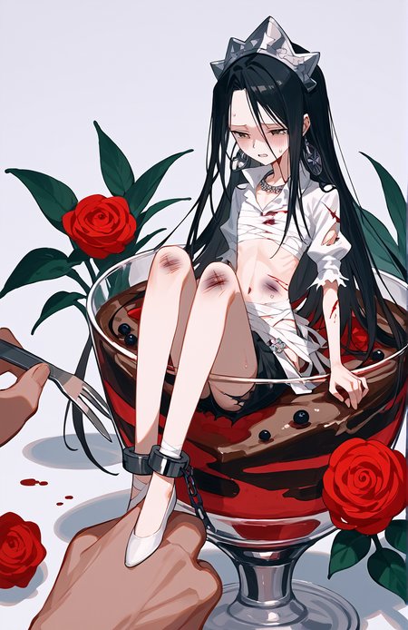 score_9,score_8_up,score_7_up,source_anime,rating_explicit,masterpiece,best quality,absurdres,very aesthetic,in cup,in container,miniperson,princess_hao,1boy,((miniperson)),<lora:princesshao_v1:1.2>,(((skinny))),black long hair,(((thin legs))),bruise,torn clothes,injury,blood,((bandages)),defeat,ryona,collar,shackles,heavy breathing,size difference,rose,black hair,solo focus,<lora:spinCupXLPony:1>,minigirl,dining table,cake slice,plant,fork and knife,