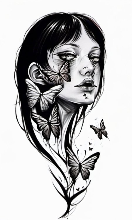 a girl has two face with butterflies on her nose and a butterfly in her mouth,,draktattoo,white background <lora:diablo-1119:1>