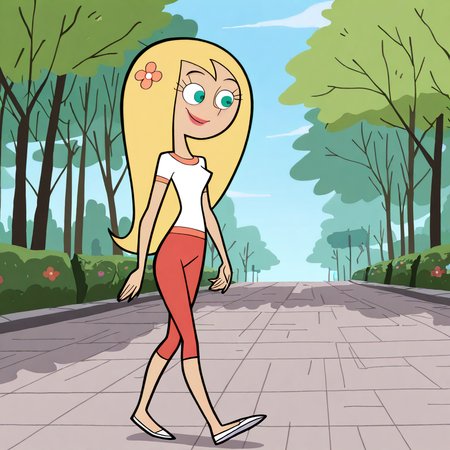 (masterpiece), (best quality), (ultra-detailed), amazing quality, very aesthetic, illustration, perfect composition, intricate details, absurdres, incredibly absurdres,<lora:stardpillustrious:1>, 1girl, solo, blonde hair, long hair, flower, aqua eyes, hair flower, hair ornament, smile, lipstick, white shirt, red capri pants, outside, trees, walking white footwear, eyelashes, detailed, masterpiece, stardp
