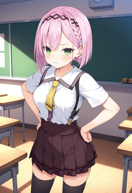 1girl, aaamane, pink hair, short hair, braid, hairband, hair ornament, hairclip, green eyes, fang, breasts, school uniform, yellow necktie, white shirt, short sleeves, suspender skirt, brown skirt, black thighhighs, <lora:tanikaze_amane_ilxl_v1:0.9>, standing, cowboy shot, hands on own hips, indoors, classroom, pout,
masterpiece, best quality, amazing quality,