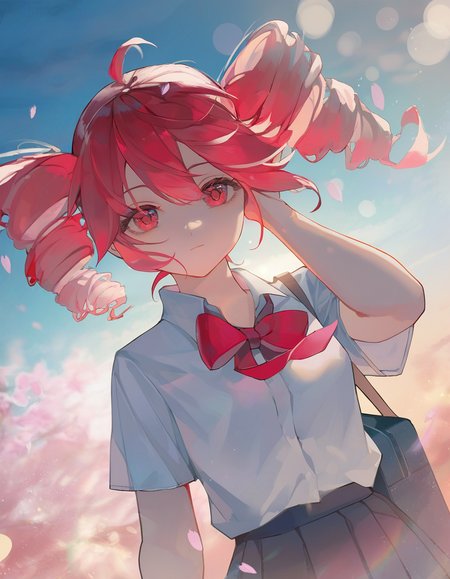 very awa, 1girl, kasane teto, school uniform, red bow, falling petals, wind, light theme, light rays, looking at viewer, hand in own hair, expressionless, light particles, alternate costume, dress shirt, pleated skirt, dynamic angle, outdoors, pink lighting, orange lighting, close-up, short sleeves, one hand at side, school bag, dutch angle, bloom, sunset, three quarter view, blurry edges, spring \(season\), cherry blossoms, sunlight, blue sky, cloud, petals, solo, blurry background, bag on shoulder, (bokeh:1.5), [masterpiece:0.15], [best quality:0.15], [newest:0.15], [absurdres:0.15]
 <lora:artist_niukou_kouzi_vpred:1>