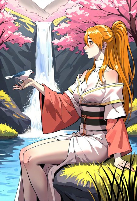 xiaoninger, 1girl, ponytail, long hair, orange hair, bangs, orange eyes, bare shoulder, breasts, collarbone, hair between eyes, white dress, kimono, sash, two tones dress, turtleneck, realistic, newest, very awa, masterpiece, highres, absurdres, 
sitting, cute, cherry blossoms, pink theme, from side, sideview, looking to the side, looking afar, lake, waterfall, skinny, tall grass, outstretched hand, looking at bird, bird sitting on her hand, hand up, open hand, 
wide shot, high contrast, saturated, usnr,