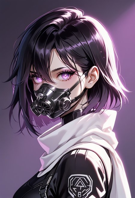 https://civitai.com/images/70944037
{{amazing quality, best quality, high quality, very aesthetic}}, 1girl, solo, simple background, dramatic lighting, backlighting, glowing eyes, medium hair, black hair, hair between eyes, spiky hair, purple eyes, black respirator, gasmask, white scarf, futuristic, cyberpunk, from the side, side view, portrait, looking at viewer, black bodysuit, skintight