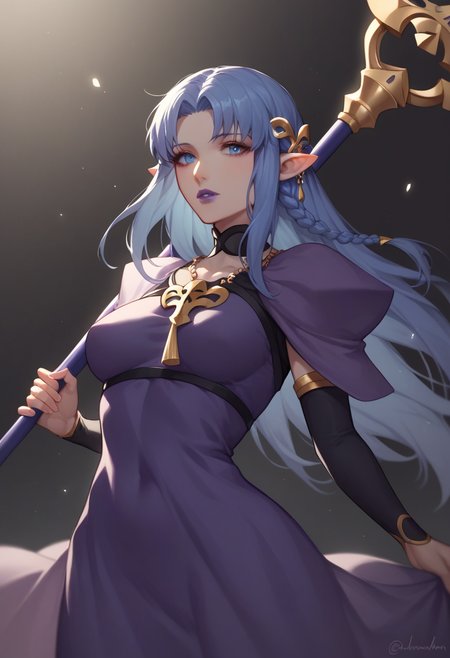 score_9,score_8_up,score_7_up,1,<lora:stay_night_all:1>,1girl, absurdres, blue_eyes, blue_hair, highres, holding_staff, lipstick, long_dress, long_hair, looking_at_viewer, medea_\(fate\), medium_breasts, pointy_ears, purple_dress, purple_lips, side_braid, solo