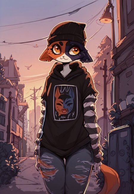 score_9, score_8_up, score_7_up, 1girl, Meowskullsxl,  anthro, cat girl, animal ears, skinny, tamaytka, multicolored fur, black fur, orange fur, orange eyes, beanie, printed hoodie, striped sleeves, torn jeans, 