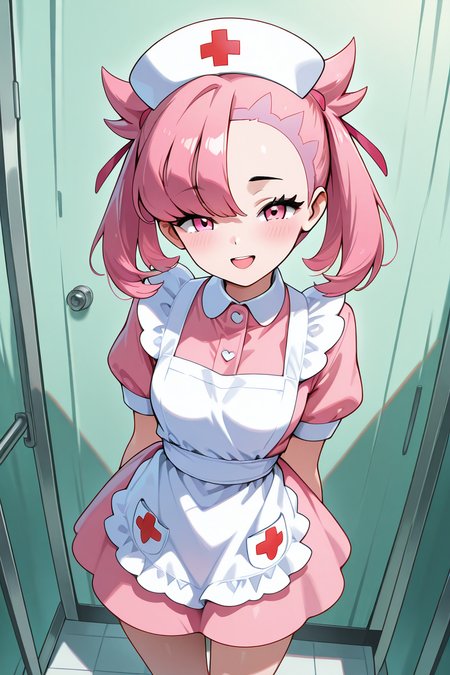 masterpiece, best quality, 1girl, solo, (beautiful eyes),    zzNurseMarnieCitron, pink eyes, hair ribbon, medium hair, pink hair, asymmetrical bangs, ribbon, nurse, pink dress, white apron, nurse cap, laughing as she holds a giant stuffed animal prize won for her by her date, standing in front of a brightly lit Ferris wheel, colorful balloons and carnival games in the background, playful and joyful atmosphere, her hair ribbons fluttering in the night breeze     <lora:NurseMarnieIXL:1.0>,