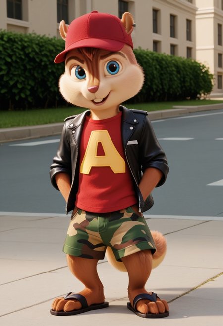 Score_9, score_8_up, score_7_up, source_furry, Alvin Seville, chipmunk, chipmunk male, furry male, furry, 3d, render, movie screencap, blue eyes, red baseball cap, black leather jacket, red t-shirt, camo shorts, sandals, tail, hands in pockets, city, Los Angeles, Hollywood Boulevard standing , looking at viewer, <lora:Alvin _Seville __Alvin_and_the_Chipmunks__CG_Movie_version:0.8>