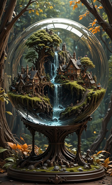 A  glass sphere sculpture, concealed inside the sphere is a Hobbits village, Waterfall, in the day, detailed image, 8k high quality detailed, shaped sphere, amazing wallpaper, digital painting highly detailed, 8k UHD detailed oil painting, beautiful art UHD, focus on full glass sphere, bokeh,  background Modifiers: extremely detailed Award winning photography, fantasy studio lighting, photorealistic very attractive beautiful imperial colours ultra detailed 3D, (Very Intricate), UHD, <lora:3D_Framed_Wall_Art_-_By_DICE:1>,(3D Framed, Macabre)