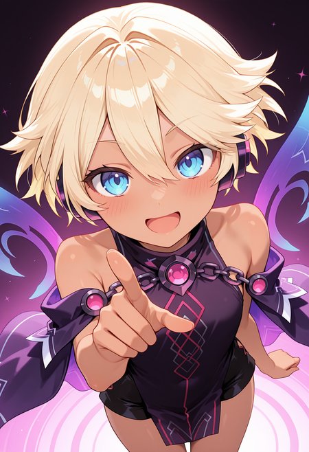 highres, best quality, masterpiece,
1girl, npcroire, short hair, blonde hair, blue eyes, dark skin, headphones,
purple dress, black dress, print dress, chain, sleeveless dress, detached sleeves, fairy wings, two-sided cape, purple cape, black cape,
looking at viewer, blush, smile,
pointing, open mouth, shorts, floating, from above,
<lora:_croire_nep-elesico-ilxl_1:1>