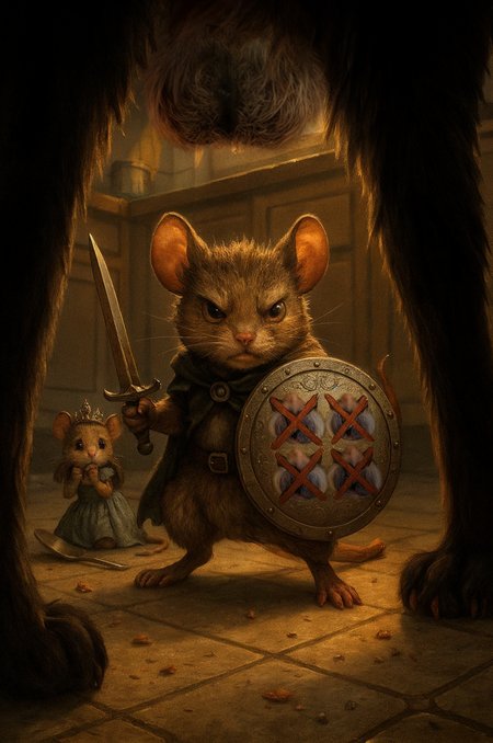A richly detailed digital illustration of a heroic mouse knight standing defiantly on a kitchen floor in a residential house. The mouse is small but fierce, holding a sword in one paw and a round shield in the other. On the front of the shield are four hand-drawn cat faces, each crossed out with a bold red X, surrounded by intricate ornamental filigree patterns etched into the metal.

The mouse's expression is one of unwavering determination—eyes narrowed, stance grounded, fur bristling slightly with tension. Behind him, a mouse princess in a small, torn dress cowers, watching him with a mix of fear and hope. She has a jeweled tiara slightly askew and is hiding behind a fallen spoon or a crumb for scale.

In the foreground, two large feline legs dominate the upper portion of the frame, partially out of focus to emphasize perspective. The viewer sees the scene from beneath the cat—looming and massive in scale, with light from a kitchen window casting sharp shadows. Crumbs, dust, and tile patterns give the floor realism and scale contrast.