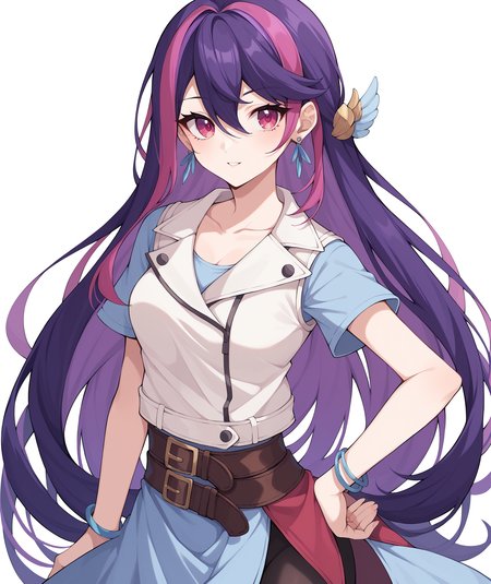 score_9, score_8_up, score_7_up, score_6_up, score_5_up, score_4_up, BREAK, source_anime, best quality, masterpiece, 2d, intricate details, official style, anime, 4k, anime style,
pobsidian, 1girl, solo, hair between eyes, very long hair, purple hair, long hair, pink eyes, two-tone hair, breasts, bangs, hair ornament, red eyes, streaked hair, 
dress, collarbone, jacket, short sleeves, vest,pantyhose, multicolored hair, sleeveless, belt, black pantyhose, brown belt, jewelry, earrings, bracelet, kurosaki ruri,
hand on hip, cowboy shot, looking at viewer, white background, simple background, <lora:add_details_xl:0.4>, <lora:Obsidian_Pony:1>