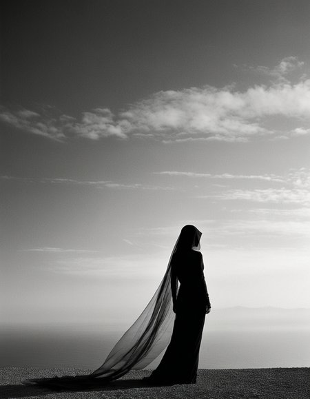Capture the enigmatic beauty of "Veiled Mystery," a minimalistic black and white landscape by Hiroshi Sugimoto. This photograph features a lone woman in a veil standing at the horizon, her form gradually fading into darkness. Elements of the veil are caught in the wind, flying gracefully in the foreground, creating a dynamic interplay of light and shadow. The perfect alignment of the horizon and the woman's silhouette emphasizes the vastness and solitude of the scene, evoking a sense of quiet mystery and artistic elegance.