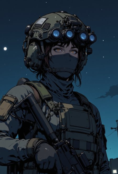 <lora:ck-nc-luminal-genesis:1>, A digital anime artwork in the style of cklg, A stunning beautiful girl wearing n0ds featuring a protective headpiece Attached to the front of the headpiece is a quad-tube panoramic optical device with four horizontally aligned cylindrical lenses, each glowing faintly blue. Small wires and adjustment knobs are visible along the optical device, contributing to the structured and functional design with integrated hearing protection covering the ears and includes modular mounting points. , she is wearing a olive green balaclava mask covering her mouth. eyes and nose visible. she is a natural midwest beauty wearing fully kit military gear, magazine pouches, a plate carrier bullet proof vest, she is wearing an AR15 assault rifle.
at night, night time, nightsky,  <lora:test2:0.4> <lora:Anime v1.3:0.2>
<lora:s1n0z1ck-flux-test-lora:0.1>
<lora:n0ds:0.9>