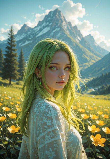  impressionism (1.5), perfect eyes, high detail, depth of field, (blurred background), (dramatic lighting),masterpiece, best quality,((asd123)),very aesthetic,8k,  (( neon green-yellow)),


a vibrant colorful photo of a beautiful landscape in the mountains 
 outdoors, Tree, Flower, Location , Scenery , Cloud