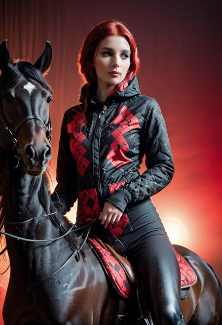 A shrouded Silhouette in darkness of a blushed slightly light smiling riding woman in Argyle/caro printed bodysuit with camo- black Camouflage hooded parka, riding a black glossy horse, a scene with vibrant red and black details, White Makeup, very detailed, atmospheric haze, Film grain, cinematic film still, shallow depth of field, highly detailed, high budget, cinemascope, moody, epic, OverallDetail, 1960s vintage RAW photo, photorealistic, candid camera, color graded cinematic, eye catchlights, atmospheric lighting, imperfections, natural, shallow dof