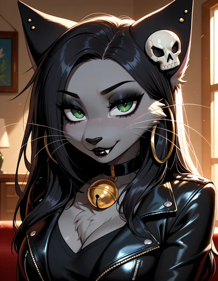 masterpiece, best quality, very aesthetic, absurdres,
indoors, 
headshot, 
black shirt, leather jacket,  
seductive smile, parted lips, long eyelashes,  
<lora:Mara Rosi_v01_NAIXL:1>
MaraRos1,1girl,solo,furry,furry female,cat girl,cat ears,hoop earrings,piercing,long hair,black hair,skull hair ornament,green eyes,makeup,eyeshadow,snout,animal nose,whiskers,black lips,fang,neck bell,jewelry,body fur,two-tone fur, grey fur,black fur,