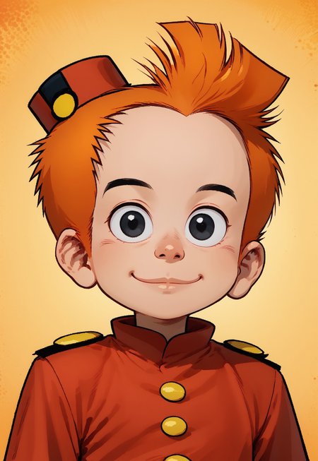 score 9, score 8, score 7, 1boy, solo, Spirou, solo, 1boy, orange hair, black eyes, red hat, red shirt, knva, smile, looking at viewer, halftone effect, retro artstyle, portrait, upper body, face focus,